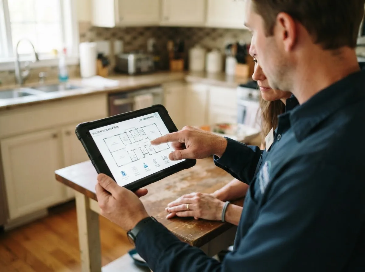 Water damage restoration technician inspecting a home in Cherry Tree, PA
